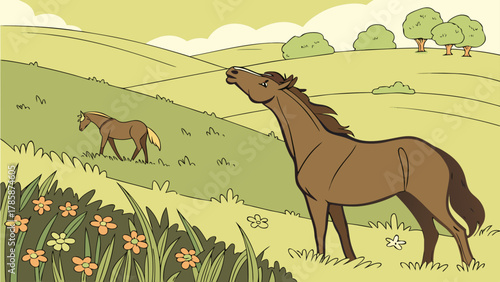 Two horses in a green pasture landscape with flowers and trees under a bright sky illustration