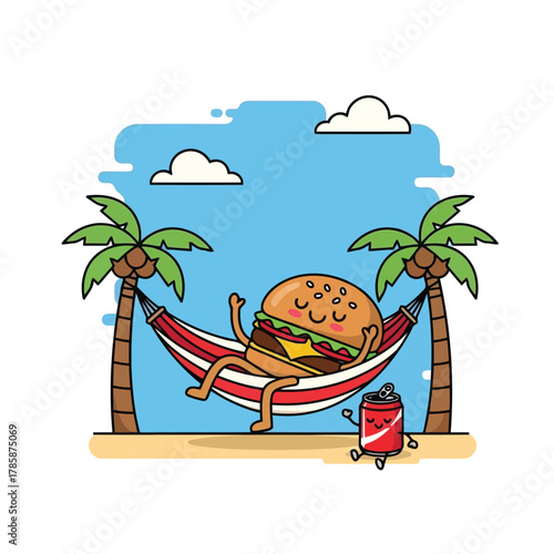 A happy burger is relaxing in a hammock between two palm trees, with a soda can nearby