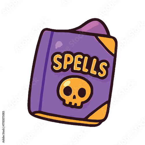 Purple Spell Book with Skull Icon and Gold Accents.