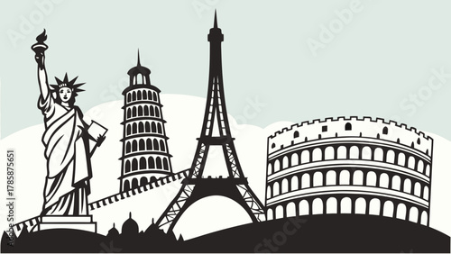 Landmarks of the world including the eiffel tower, statue of liberty