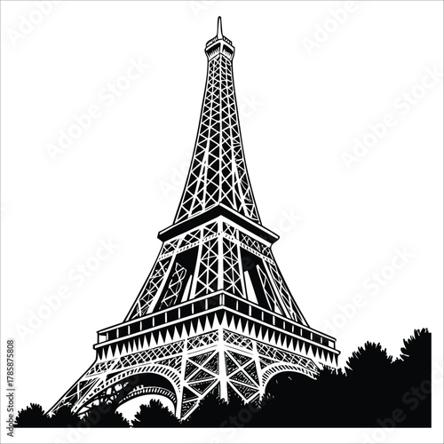 Eiffel Tower, black and white, architectural, iconic, detailed, atmospheric, dramatic lighting, sweeping perspective, silhouette, minimalist, high contrast
