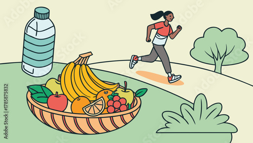Healthy lifestyle illustration with fruit, water, and running woman in park