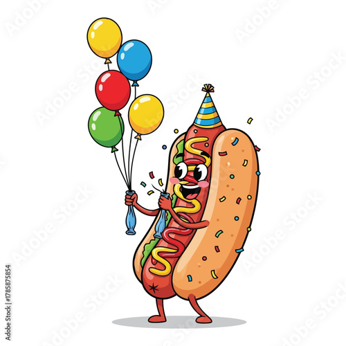 Cartoon hotdog character celebrating with balloons and confetti, wearing a party hat, , spreading joy