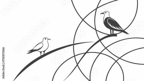 Illustration of two seagulls perched on abstract lines