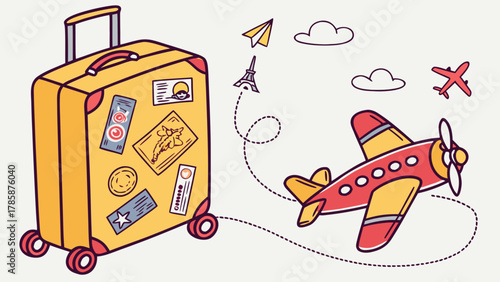 Suitcase with travel stickers and airplane