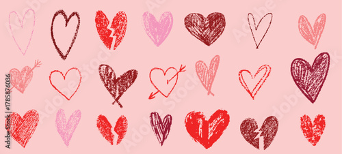 Crayon chalk red heart brush doodle hand drawn scribble Valentine's Day romantic love collection. Simple pen marker vector art