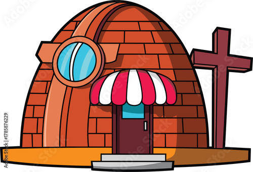 Whimsical brick building with striped awning and cross on white background Keywords: building