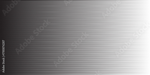 Lines background. Black horizontal lines fading from solid black on left to white on right. Abstract stripe pattern with speed illusion and modern gradient texture. Vector illustration.