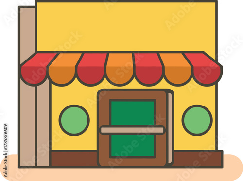 Yellow storefront with red and orange striped awning and green doors Keywords: storefront, shop