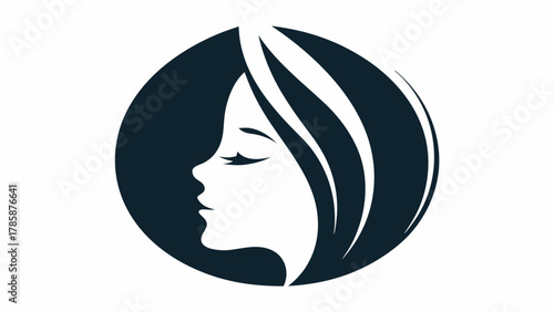 Elegant woman portrait in profile, minimalist design for beauty salon logo or wellness brand, embodying serenity and natural grace, originally a scalable vector graphic