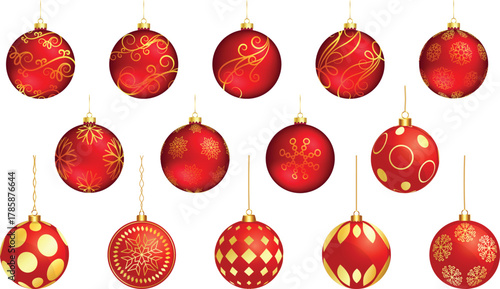 A vibrant set of red and gold Christmas ornaments, perfect for holiday and New Year's season designs. This collection features various decorated baubles with intricate golden patterns, including swirl