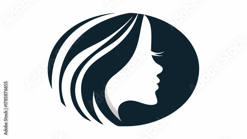 Elegant woman's silhouette logo design featuring flowing hair within a circular frame, perfect for beauty, spa, or fashion brands wanting a sophisticated emblem
