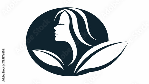 Elegant beauty salon logo design featuring a woman's silhouette with flowing hair and botanical elements for a luxurious spa or wellness brand identity