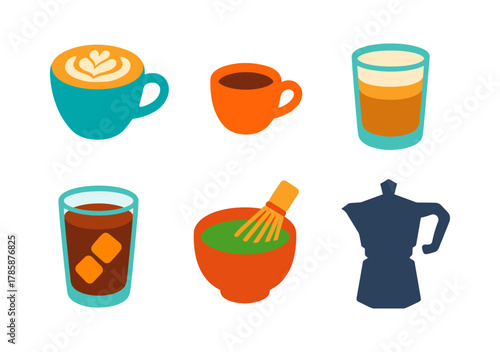 Assorted coffee and tea icons in flat design