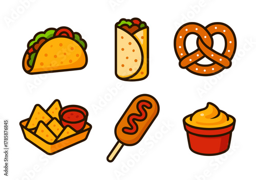 Mexican and american snack icons: taco, burrito, pretzel, nachos, corn dog, cheese dip