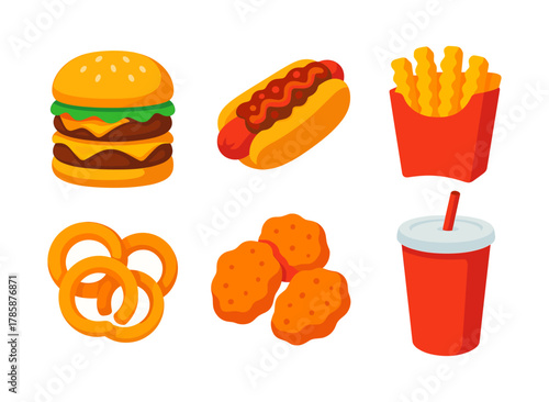 Fast food collection set with burger, hot dog, fries, and more in flat design