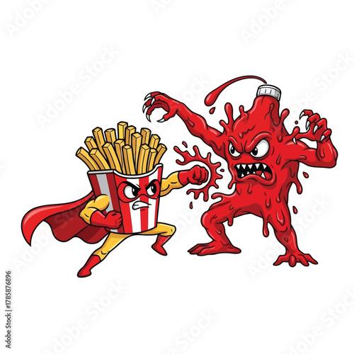 Cartoon french fries superhero fighting with ketchup monster funny fast food character with cape in battle with evil sauce