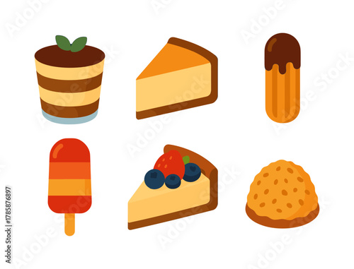Colorful flat dessert icons with cheesecake, eclair, and ice cream