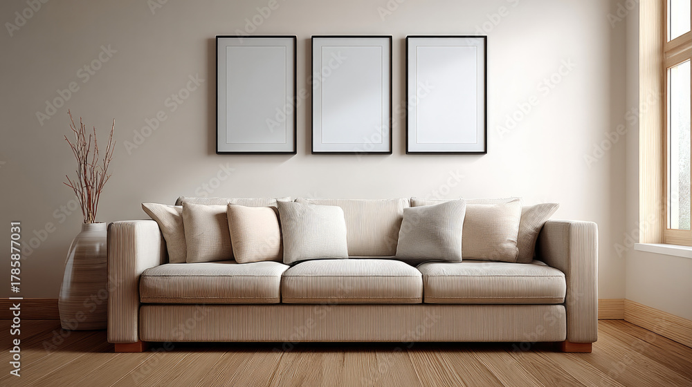 Fototapeta premium Light beige sofa with soft cushion, modern living room, wooden floor, large window, minimal decor, peaceful atmosphere