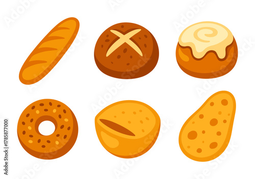 Assorted delicious breads and pastries collection in flat design