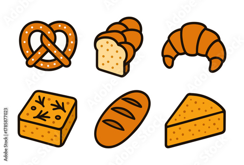 Flat bakery icons: pretzel, bread, croissant, focaccia, baguette, cheese