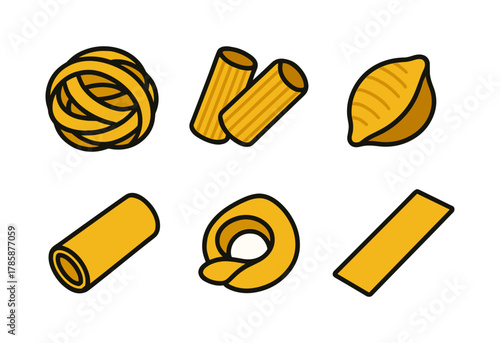 Colorful flat icons of various pasta shapes on white background