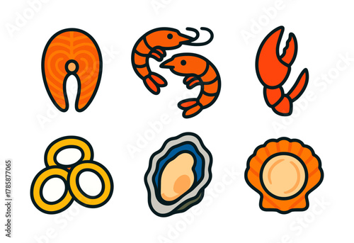 Colorful seafood icons set featuring salmon, shrimp, lobster, rings, oyster, and scallop