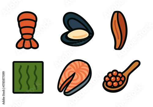 Seafood icons set featuring lobster, clam, and salmon in cartoon style
