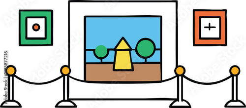 A whimsical cartoon art gallery display featuring a colorful painting of a landscape with trees and a yellow pyramid isolated on transparent background