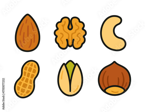 Colorful nut icons on white background: set of almond, walnut, cashew, peanut, pistachio, and hazelnut