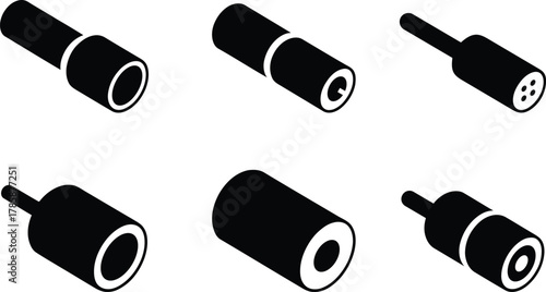 Isometric View Black and White Vector Illustration of Audio Connectors