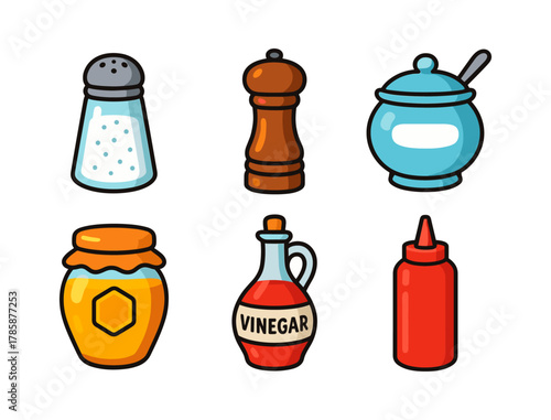 Colorful kitchen condiments collection: salt, pepper, sugar, honey, vinegar, sauce