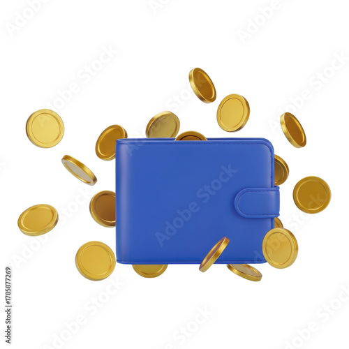 Blue wallet with golden coins isolated on transparent background