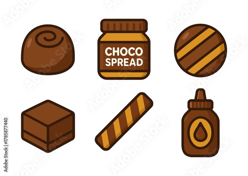 Flat style chocolate themed icons: confectionery and spread designs