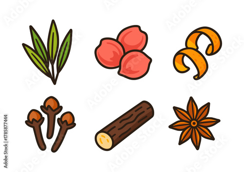 Aromatic spice elements in colorful cartoon style: cinnamon, cloves, anise, nutmeg, and more