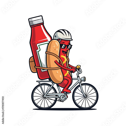 A cartoon hot dog is riding a bicycle with a ketchup bottle as a backpack, the hot dog is wearing sunglasses and a helmet