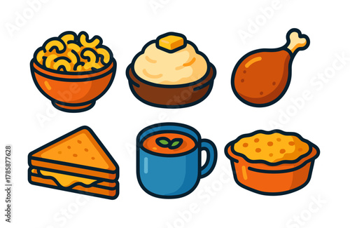 Colorful food icons featuring macaroni, mashed potatoes, chicken, sandwich, soup, and pie