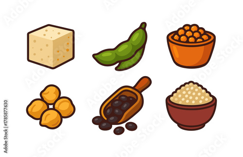 Assorted plant-based protein icons: tofu, edamame, and more in flat design