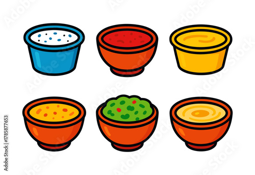 Colorful cartoon bowls with various sauces and dips - vibrant food collection