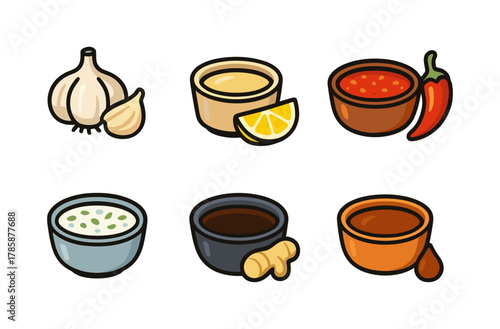 Variety of condiments and spices in colorful bowls on white background
