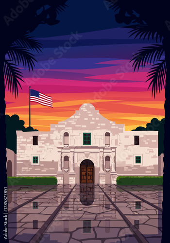 Foto Historic Alamo Building at Sunset with American Flag and Reflection on Paved Gro