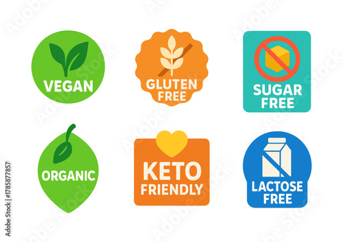 Colorful labels for vegan, organic, gluten free, sugar free, keto, lactose free diets