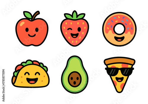 Cute food characters: smiling fruits and snacks with fun expressions