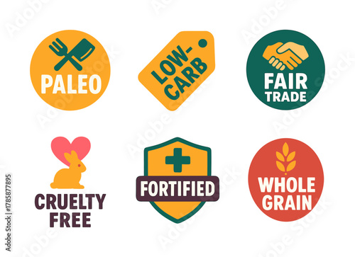 Colorful badges for paleo, low carb, fair trade, cruelty free, fortified, whole grain products