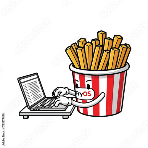 A cartoon french fry bucket is using a laptop, the bucket has a face and arms and is typing on the keyboard