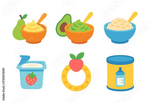 Colorful assorted baby food icons featuring fruits and feeding accessories