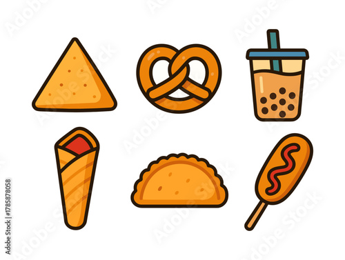 Assorted snack icons: burrito, corn dog, bubble tea, pretzel, empanada, tortilla chip
