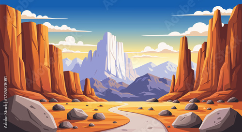 Scenic desert landscape with a path leading towards majestic mountains under a beautiful blue sky