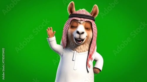 A cartoon camel wearing a traditional Arab headdress and thawb waves happily.