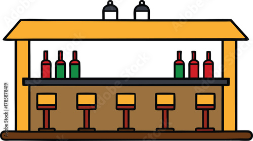 A cartoon illustration of a wooden bar with stools and bottles on a transparent background isolated on transparent background